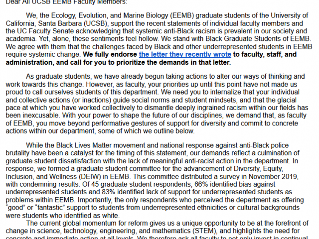 Screenshot of first page of letter to EEMB Faculty